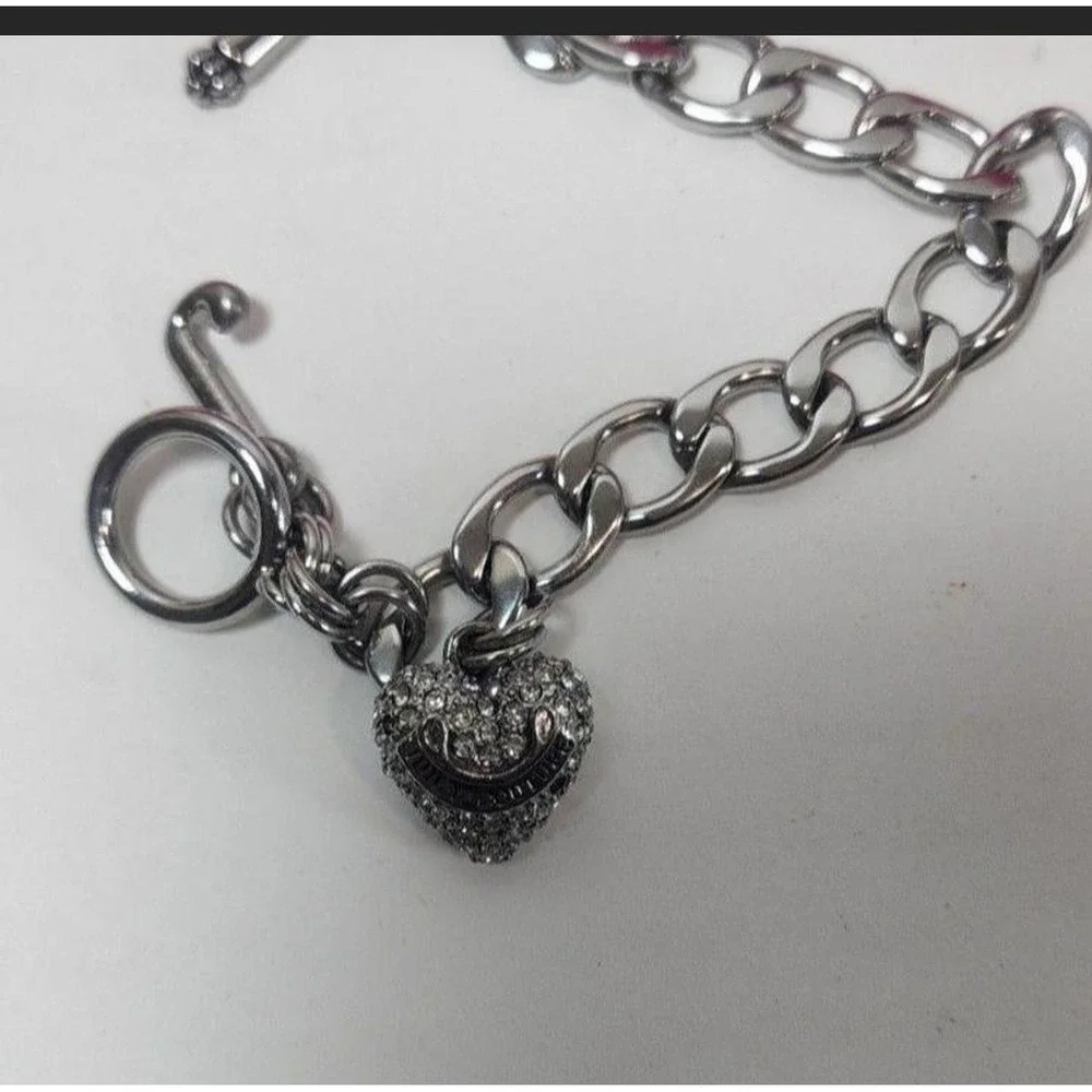 Vintage Juicy Couture Rhinestone Heart Charm Toggle Bracelet Silver Tone Y2K Box